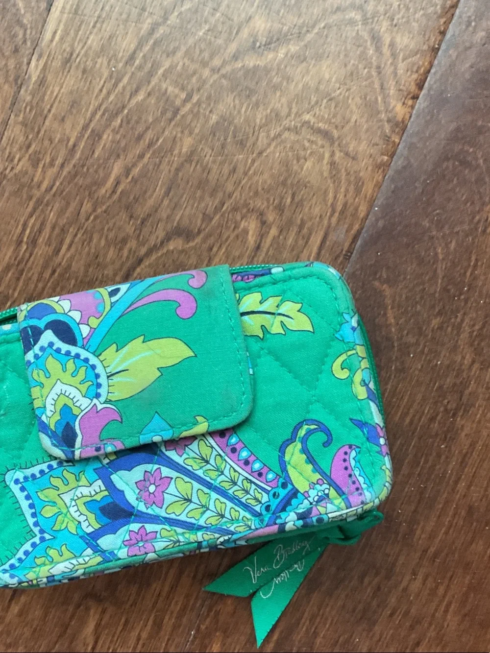 Vera Bradley Green Floral Quilted Zip Wallet with Ribbon Pulls